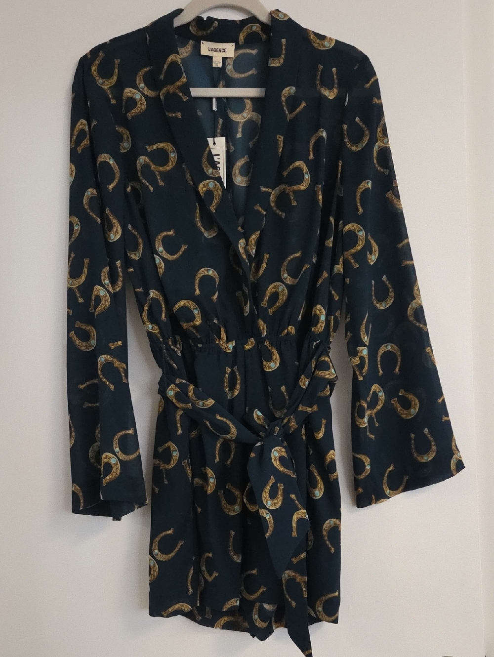 L'AGENCE Teal Wrap Romper with Gold Horseshoe Print